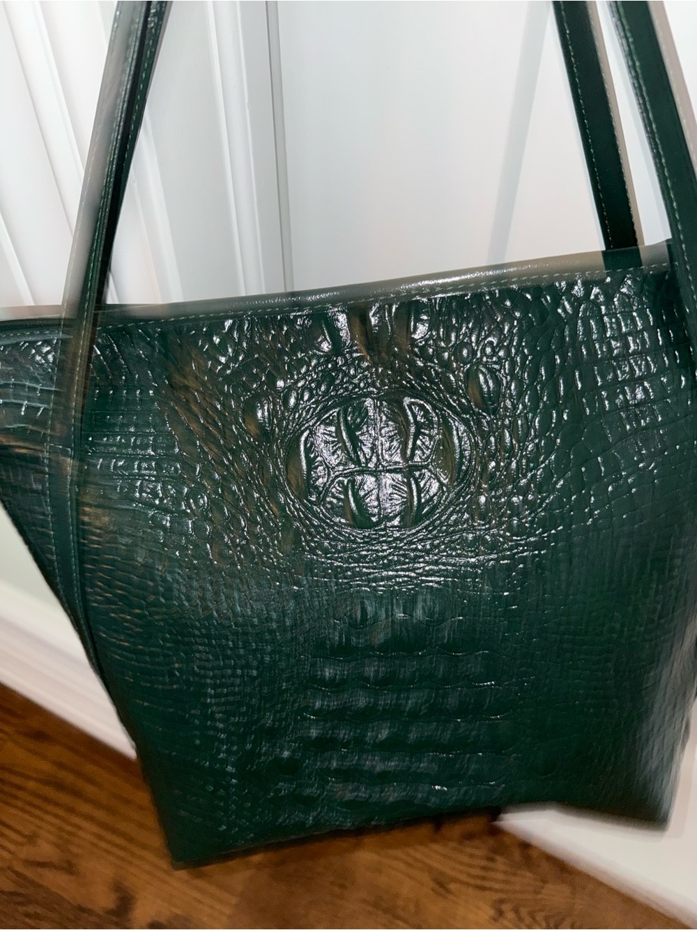 Croc-Embossed Dark Green Leather Tote - Picture 2 of 7